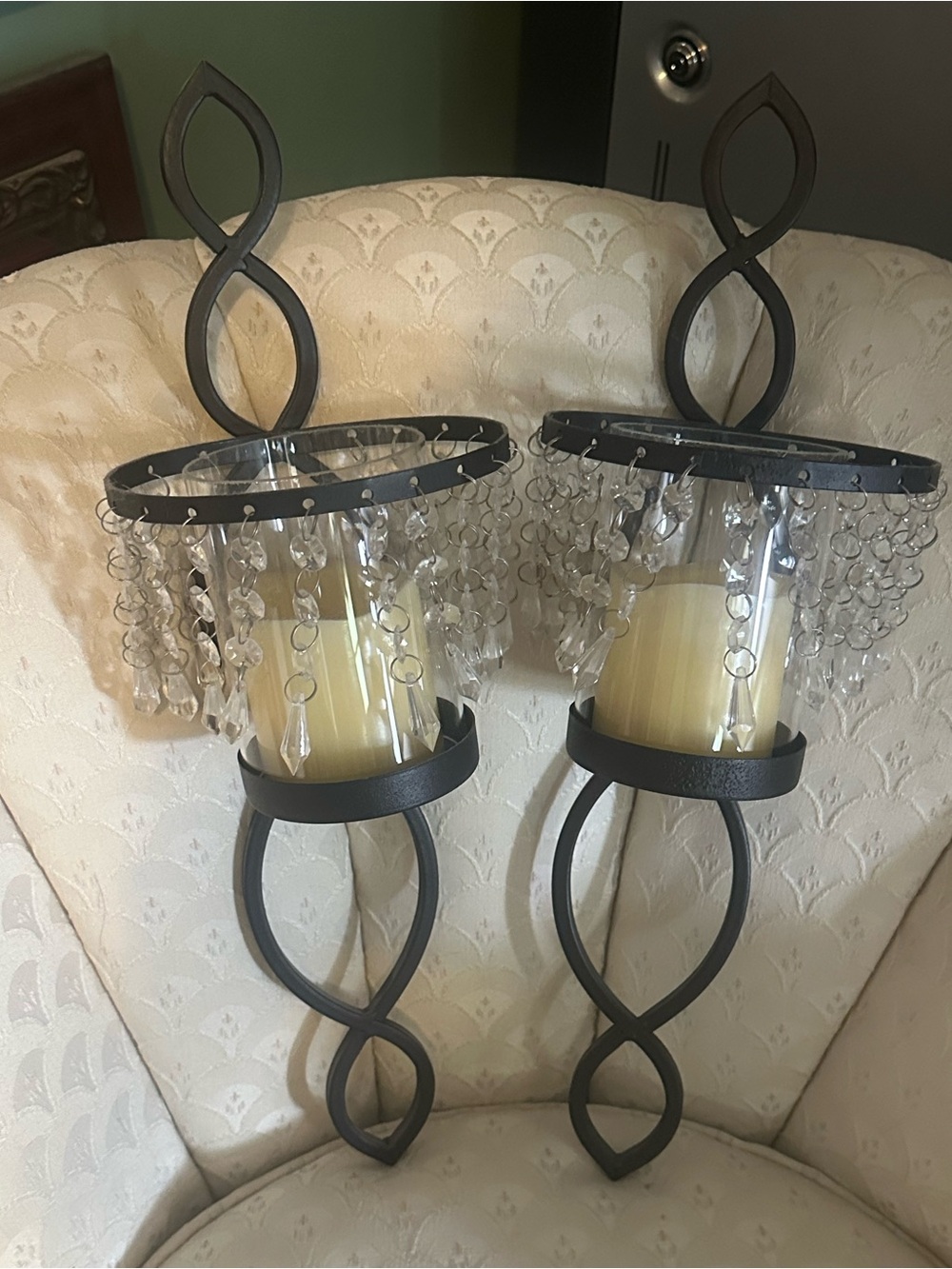 Decorative Black Metal Wall Sconces with Crystal Beads and Cream Candles